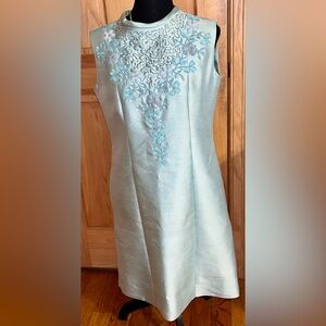 True Vintage 1960s Mint Aqua Dupioni Silk Beaded Shift Dress Sleeveless Size 14
